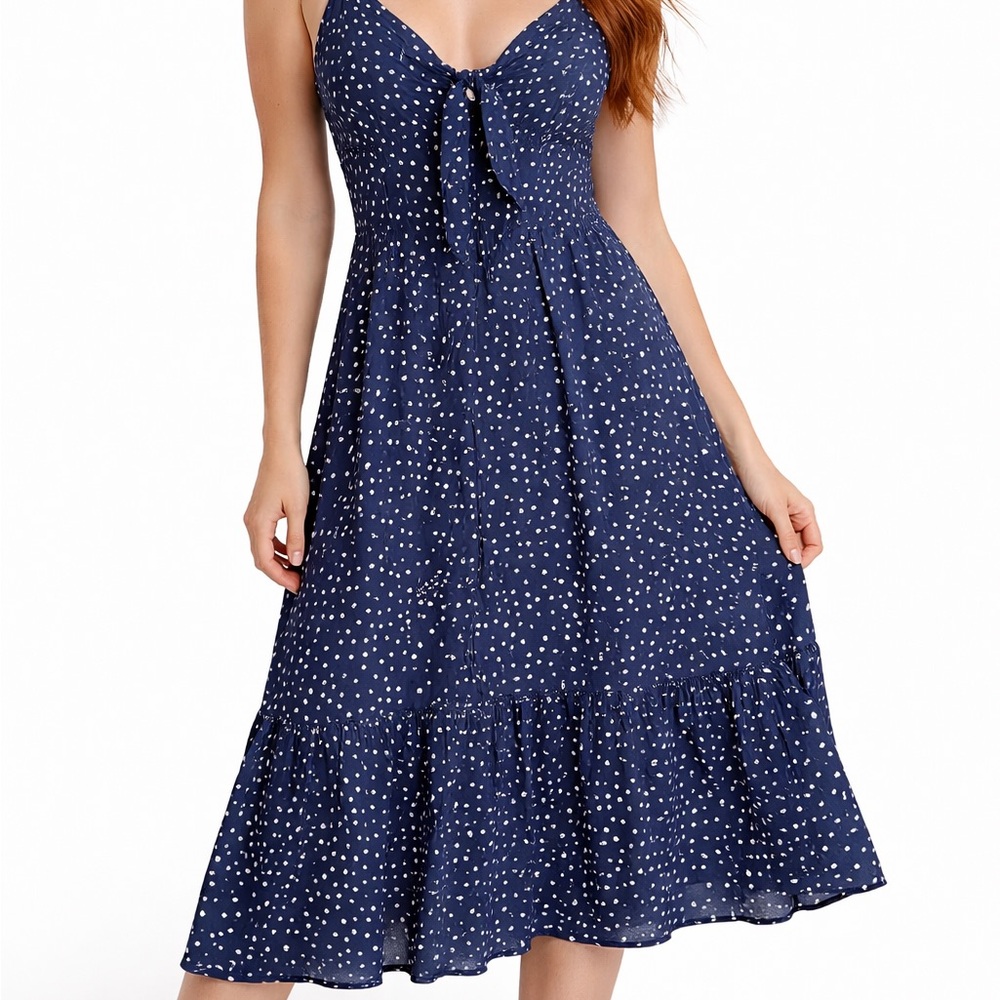 AVA Navy Polka Dot Tie Front Midi Dress Size 8